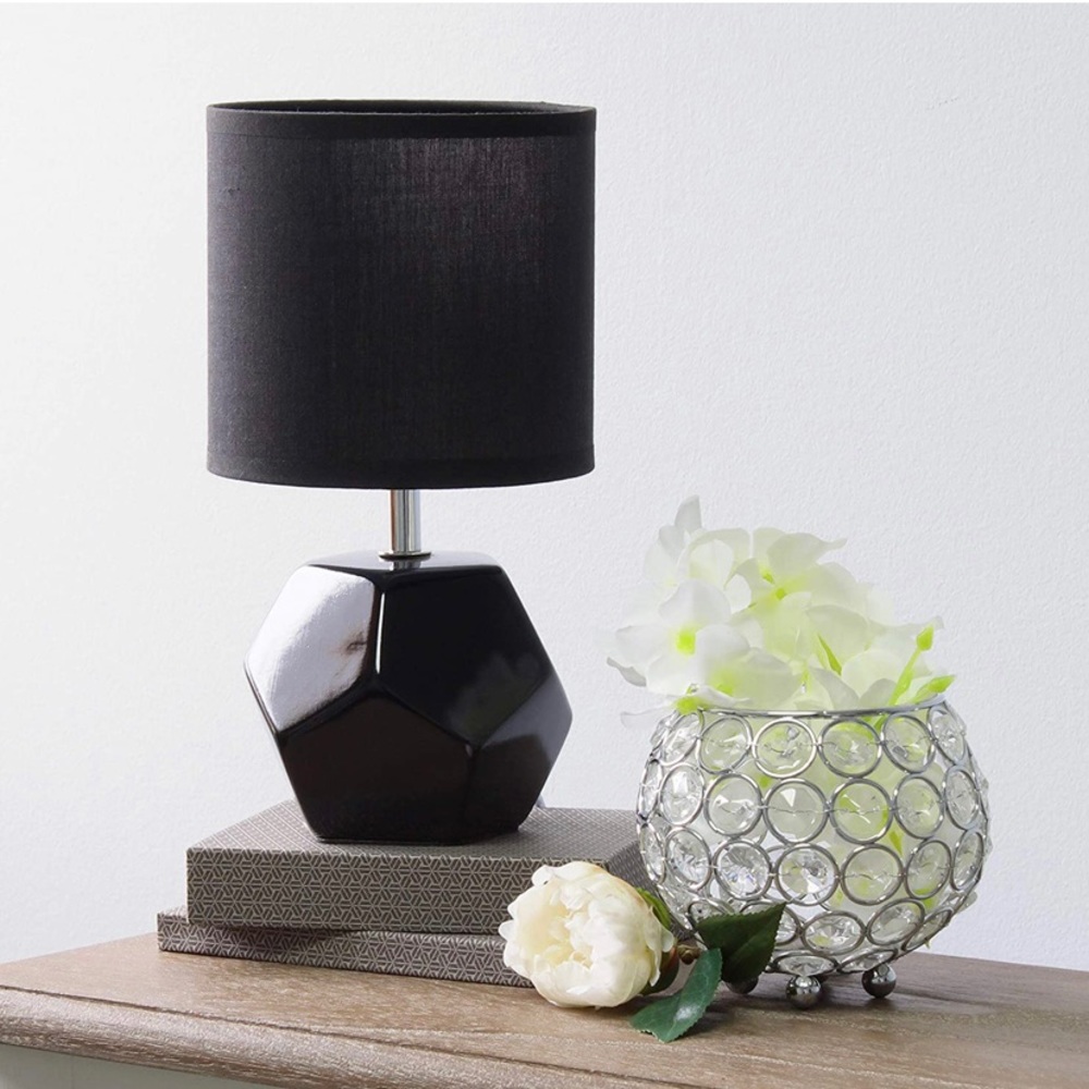 Round Prism Mini Table Lamp With Matching Fabric Shade, Black, Geometric